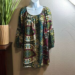 #268 Ella blue vintage print BoHo blouse size large